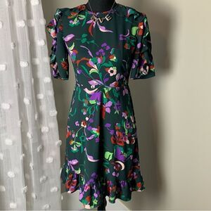Kate Spade Fleur Nouveau dark green floral smocked ruffle mini dress size 0‎
